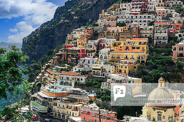Positano town hill view with low rise colorful buildings above the sea line  Positano  Amalfi Coast  UNESCO World Heritage Site  Campania  Italy  Europe