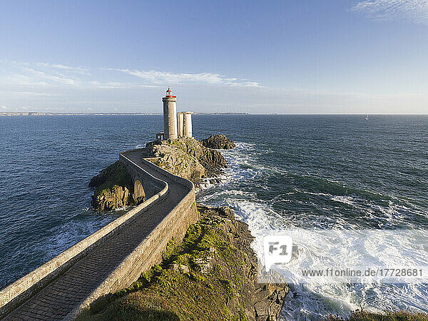 Pathway above the ocean to the Petit Minou lighthouse  Brittany  Finistere  France  Europe