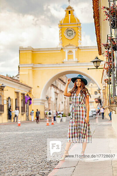 Beautiful woman enjoying the streets and architecture in Guatemala  Central America