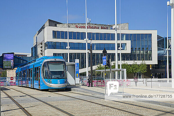View of tram in front of Repertory Theatre  Centenary Square  Birmingham  West Midlands  England  United Kingdom  Europe