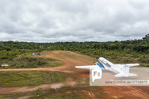 Aerial of a DC3 aircraft on a landing strip  San Felipe  Colombia  South America