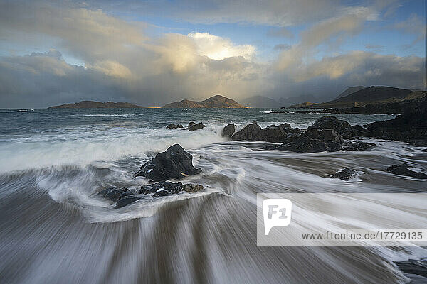 Rolling waves with long exposure at Traigh Bheag  Isle of Harris  Outer Hebrides  Scotland  United Kingdom  Europe
