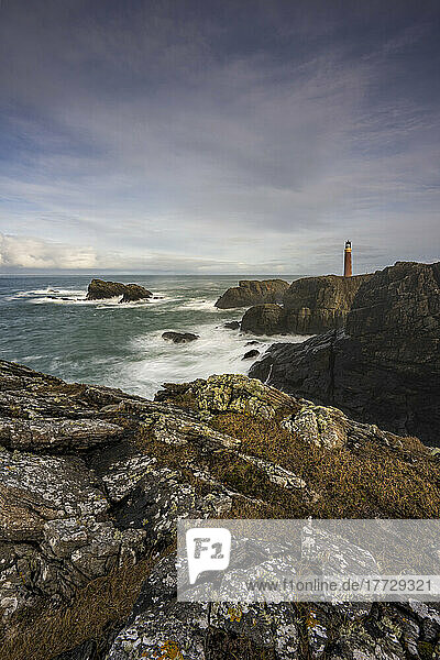 Butt of Lewis Lighthouse with rugged coast  Isle of Lewis  Outer Hebrides  Scotland  United Kingdom  Europe