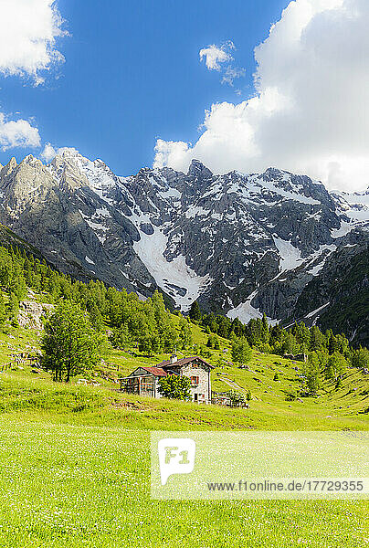Lonely traditional hut in a wild alpine valley  Val d'Arigna  Orobie  Valtellina  Lombardy  Italy. Europe