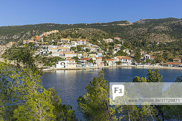 Elevated view over the village of Assos  Kefalonia  Ionian Islands  Greek Islands  Greece  Europe