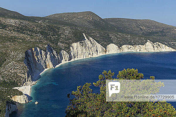 Elevated view over Fteri Beach and the surrounding bay  Kefalonia  Ionian Islands  Greek Islands  Greece  Europe