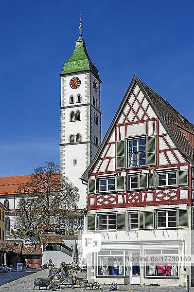 Turm der St. Martins Kirche und Fachwerkhaus mit Antoniusbrunnen von Werner Gürtner in der historische Altstadt am Saumarkt  Wangen im Allgäu  Baden-Württemberg  Deutschland  Europa