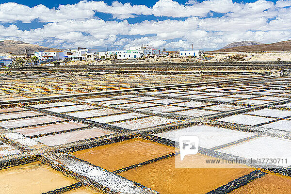Salt flats and traditional village  Salinas del Carmen  Fuerteventura  Canary Islands  Spain  Atlantic  Europe