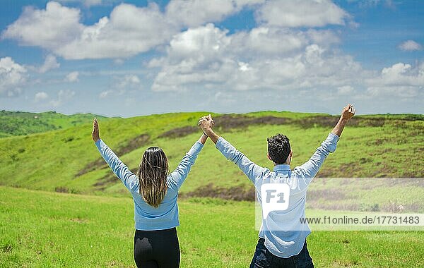 Back view of Happy couple in the field raising hands to the sky  Concept of a happy and free couple in the field  Back view of couple on the hill with hands raised to the sky