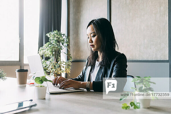 Businesswoman working on laptop at desk in work place