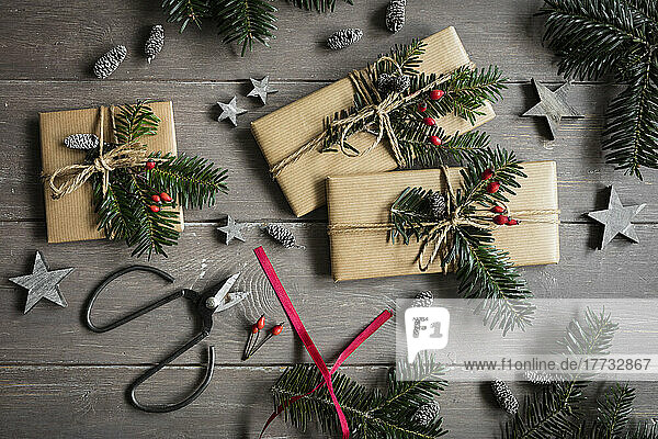 Studio shot of naturally wrapped Christmas presents decorated with spruce twigs