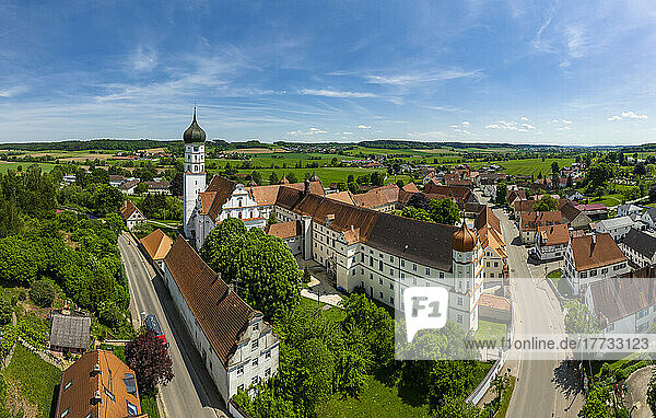 Germany  Bavaria  Kammeltal  Helicopter view of Wettenhausen Abbey and surrounding houses in summer