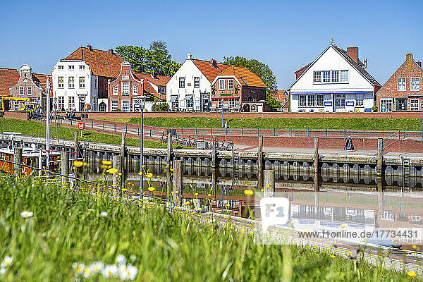 Germany  Lower Saxony  Greetsiel  Town harbor in spring with houses in background