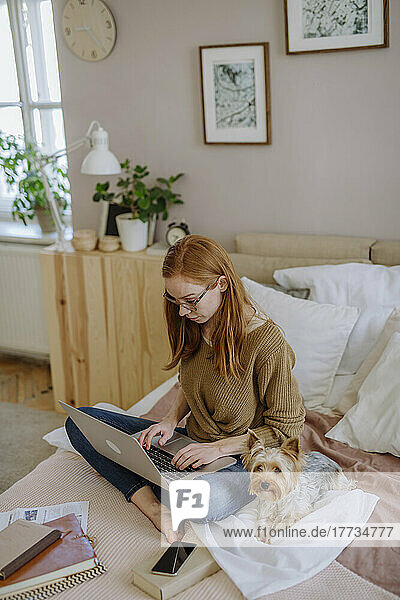 Woman using laptop sitting by pet dog on bed at home