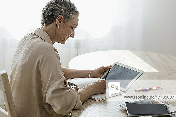 Frau hält digitales Tablet mit Daten in der Hand und macht sich zu Hause am Tisch Notizen