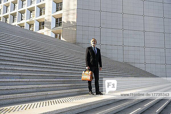 Mature businessman holding bag standing on steps