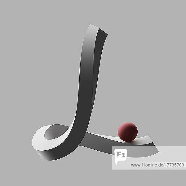 Three dimensional render of red sphere balancing on letter L