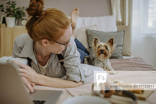 Woman lying with laptop looking at pet dog on bed at home
