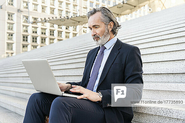 Mature businessman with gray hair using laptop sitting on steps
