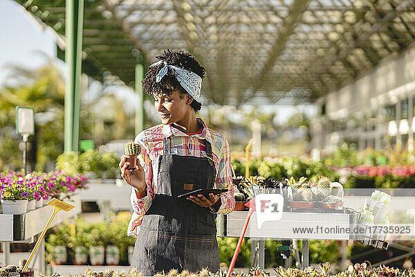 Gardener with tablet PC holding cactus plant at nursery