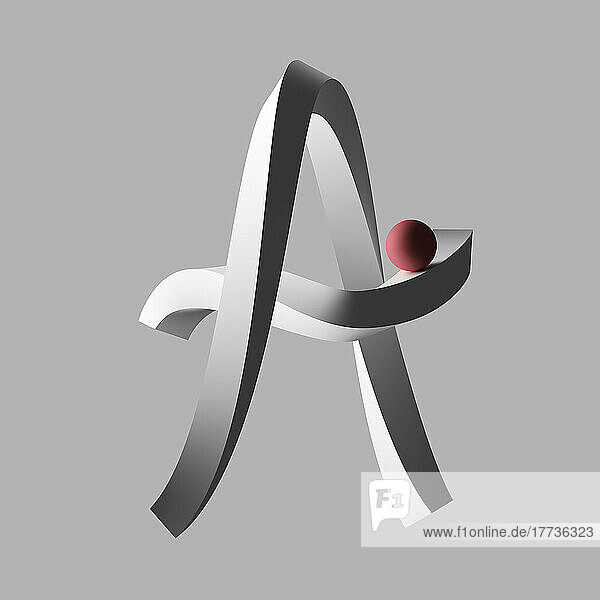 Three dimensional render of red sphere balancing on letter A