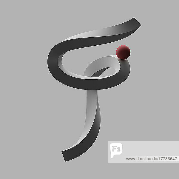 Three dimensional render of red sphere balancing on letter F