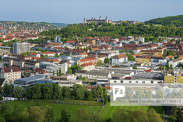 Germany  Bavaria  Wurzburg  View of Zellerau district in summer with Marienberg Fortress in background