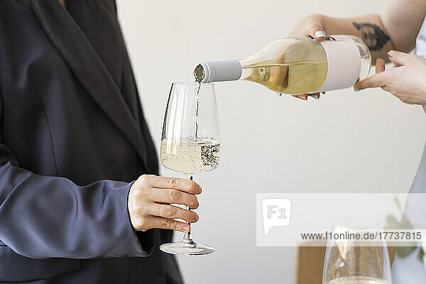 Junge Frau gießt für einen Freund Weißwein in ein Glas