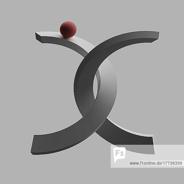Three dimensional render of red sphere balancing on letter X