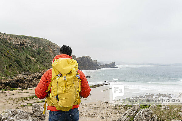 Man wearing backpack looking at view