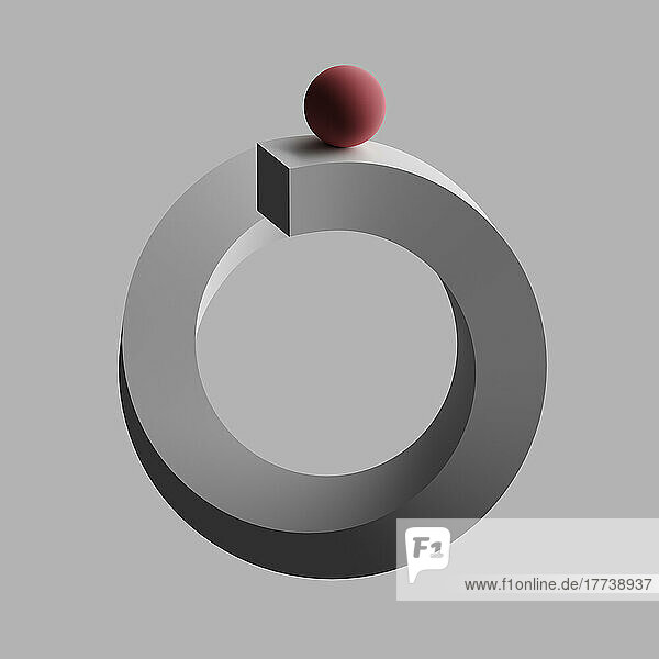 Three dimensional render of red sphere balancing on letter O
