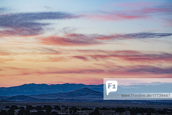 USA  New Mexico  Santa Fe  Desert landscape at sunset in Cerrillos Hills State Park