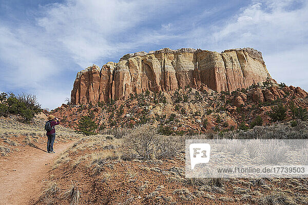 USA  New Mexico  Abiquiu  Rear view of female hiker photographing mesa in desert landscape
