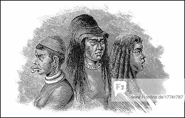 Frauen  Typen von der oberen Nilregion  Mädchen aus Manyema  Abessinierin  Sudan  Frauen im 19. Jahrhundert  Historisch  digital restaurierte Reproduktion einer Vorlage aus dem 19. Jahrhundert  Afrika