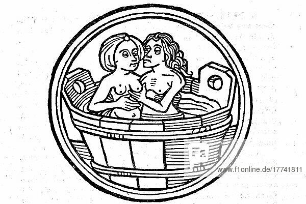 Mann mit Frau in einer Badewanne  Aus dem deutschen Kalender  1480  Historisch  digital restaurierte Reproduktion einer Originalvorlage aus dem 19. Jahrhundert  genaues Originaldatum nicht bekannt
