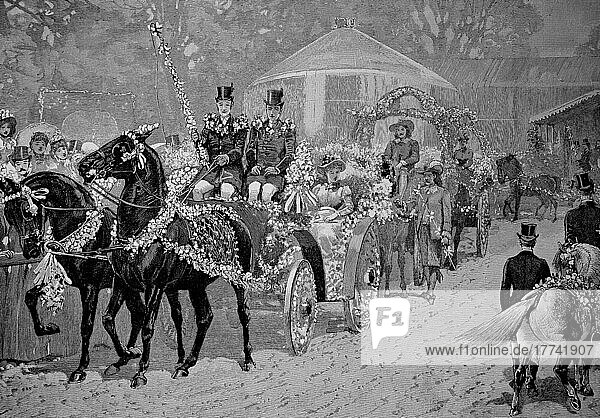 Flower Festival in Regent Park in London  Carriages Decorated with Flowers  England  Illustration  Woodcut from 1880  Historic  digitally restored reproduction of an original from the 19th century  exact date unknown