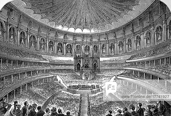 Royal Albert Hall of Arts and Sciences im Jahre 1870  Veranstaltungshalle in London  England  digital restaurierte Reproduktion einer Originalvorlage aus dem 19. Jahrhundert  genaues Originaldatum nicht bekannt