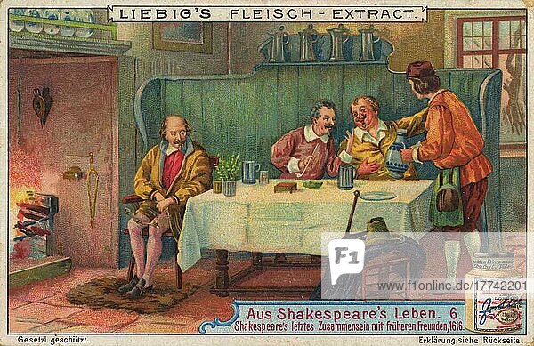 Bilderserie aus dem Leben von Shakespeare  letztes Zusammensein mit früheren Freunden  1616  digital restaurierte Reproduktion eines Sammelbildes von ca 1900  gemeinfrei  genaues Datum unbekannt