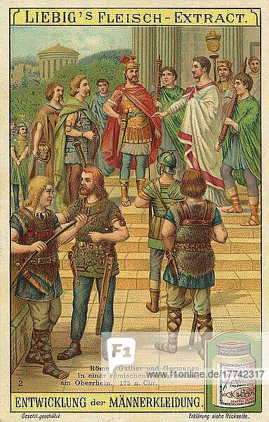 Picture series Development of men's clothing  Romans  Gauls and Germanic tribes in a Roman settlement on the Upper Rhine  175 AD  digitally restored reproduction of a collective picture from c. 1900  in the public domain  exact date unknown