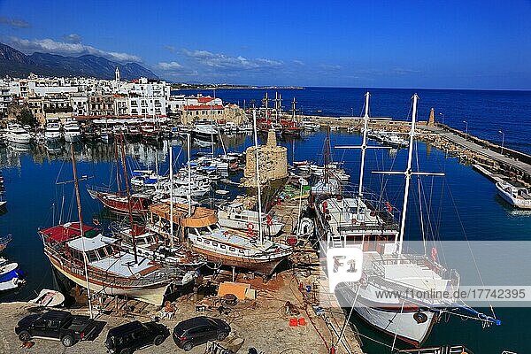 Girne  Kyrenia  harbour town  view of the harbour and the old town  North Cyprus