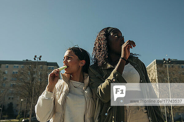 Low angle view of female friends eating ice cream while looking away on sunny day