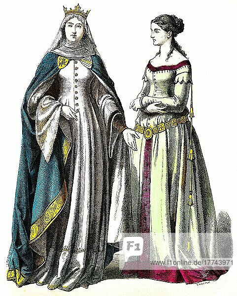 Münchener Bilderbogen  Kostüme  14. Jahrhundert  Fürstin und Edeldame  Zwei Frauen  Adel  Krone  lange Roben  Mode  elegant  Porträt  historische Illustration 1890