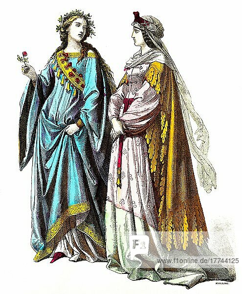 Münchener Bilderbogen  Kostüme  Erste Hälfte15. Jahrhundert  zwei Frauen  Roben  Mode  elegant  Schleier  Blumenkranz  Porträt  historische Illustration 1890