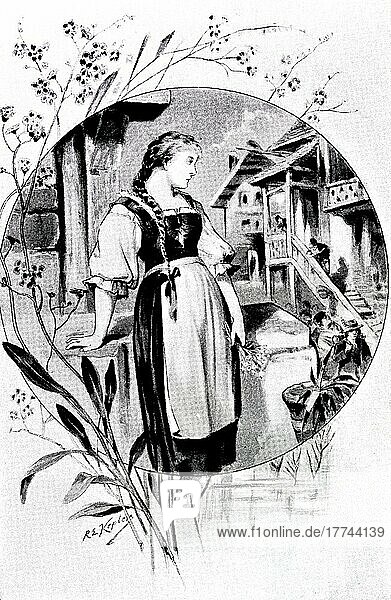 Vergißmeinnicht  Dorfansicht  junge Frau  Sehnsucht  Blick  Ferne  gedankenverloren  Häuser  Treppe  Blumenstrauß  historische Illustration 1895