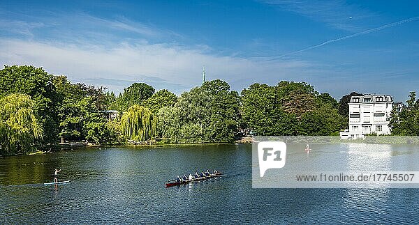 Rowers and Stand Up Paddlers on the Alster near Winterhude  Hamburg  Germany  Europe