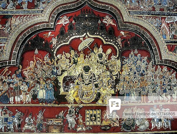 18th century Ramayana murals in Bodinayakanur Zamin palace walls  Tamil Nadu  India  Asia