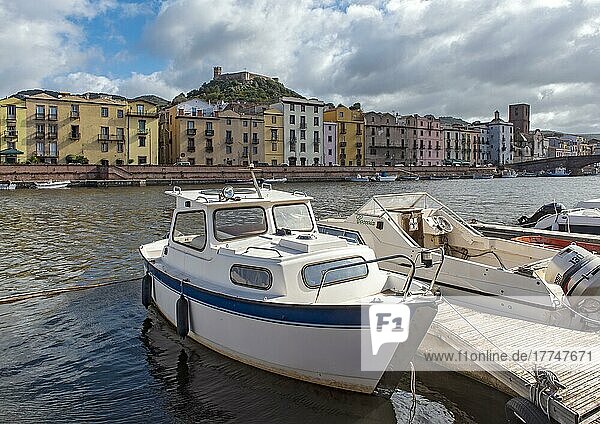 Boats on Temo River and Castle of Serravalle  Bosa  Sardinia  Italy  Europe