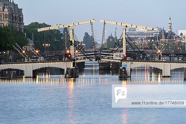 Magere Brug  illuminated Dutchman's Bridge  Kerkstraat  River Amstel  Amsterdam  Netherlands