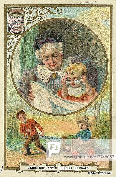 Serie Kinder und Kinderspiel  Kinder mit Wagen und beim Lesen mit Omas Brille  digital verbesserte Reproduktion eines Sammelbildes von ca 1900