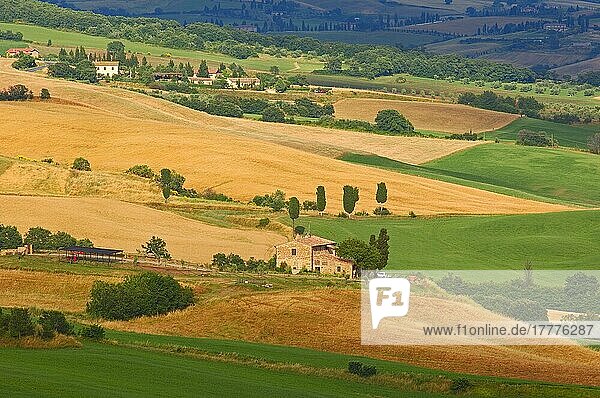 Val d'Orcia  UNESCO-Weltkulturerbe  Felder und Bauernhäuser  Landschaft der Toskana  Pienza  Provinz Siena  Toskana  Italien  Europa